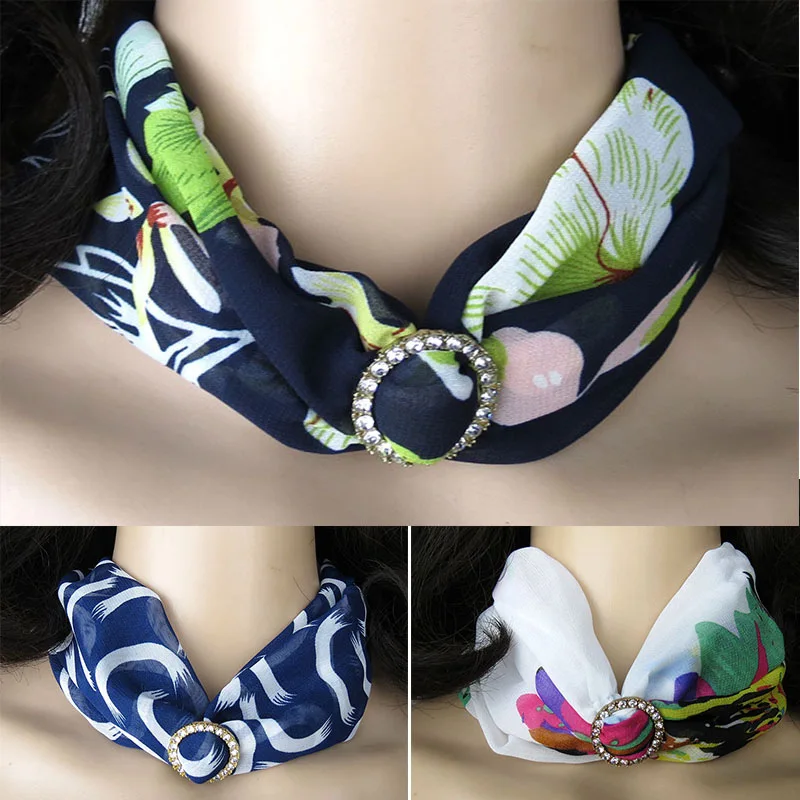 

2018 Spring new alloy jewelry scarf fashion European multi-function printed chiffon necklace collarbone scarf