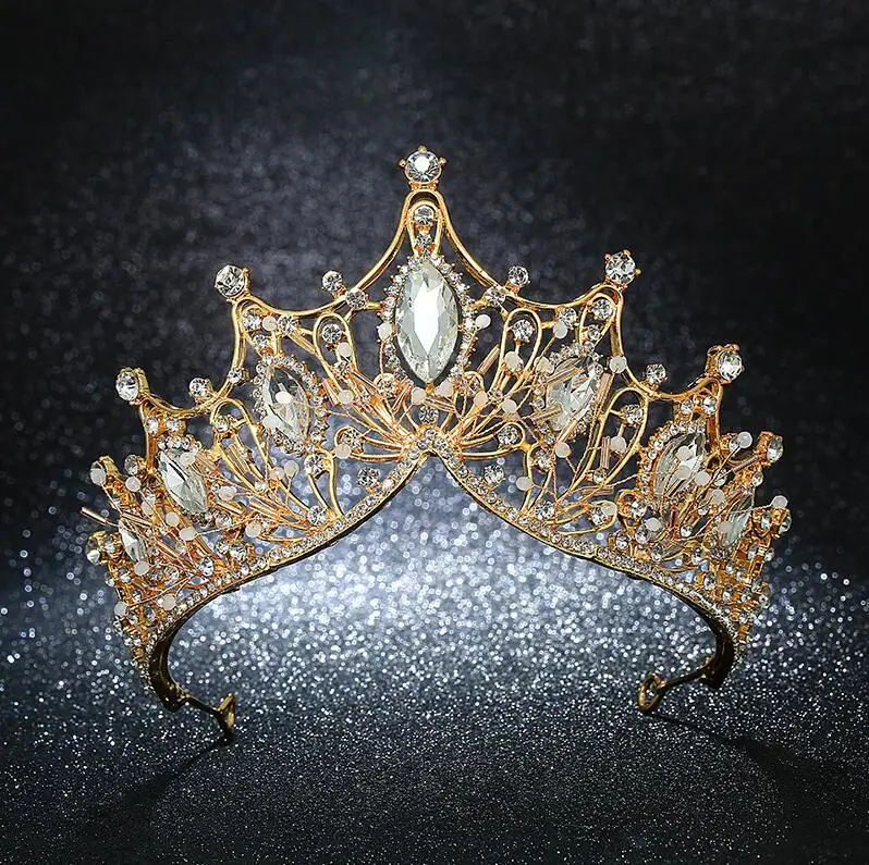 KMVEXO New Big Baroque Handmade Crystal Princess Crowns for Queen Rhinestone Tiaras Diadem Wedding Bridal Hair Accessories - Окраска металла: Gold