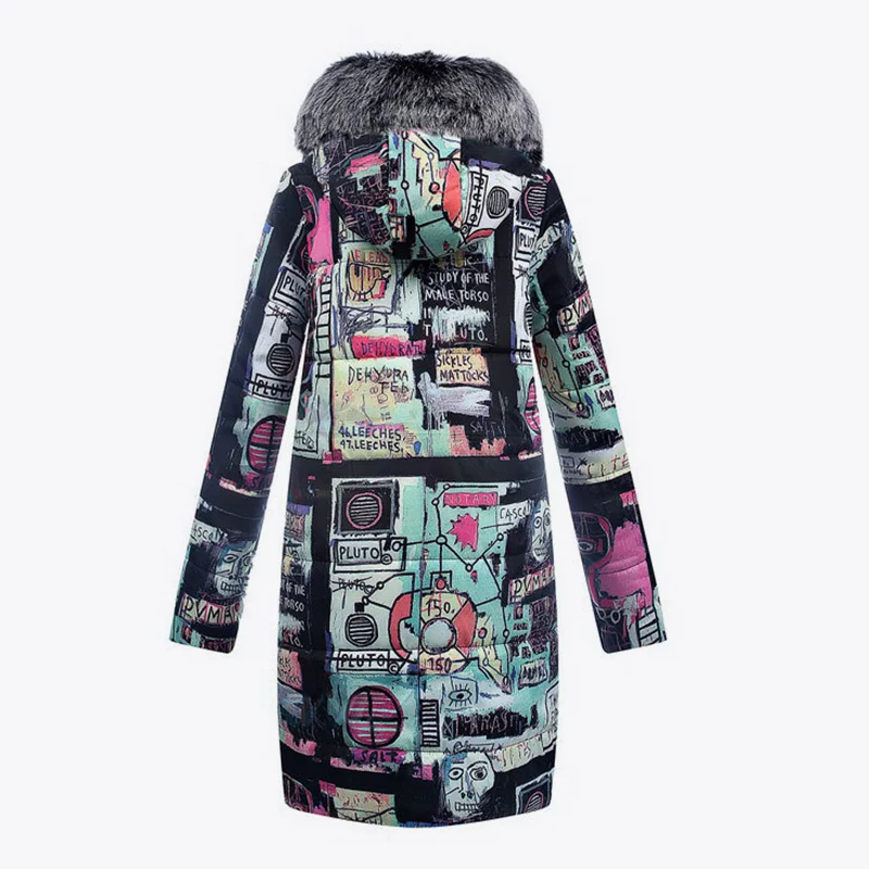 Pocket Print Graffiti Faux Fur Hooded Women Parkas 2018 Female Long Thick Cotton Wadded Jackets Woman Winter Streetwear Overcoat