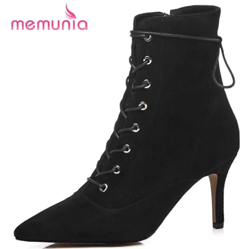 

MEMUNIA BIG SIZE 33-41 2020 NEW fashion pointed toe ankle boots for women zip cow suede leather boots lace up female boots