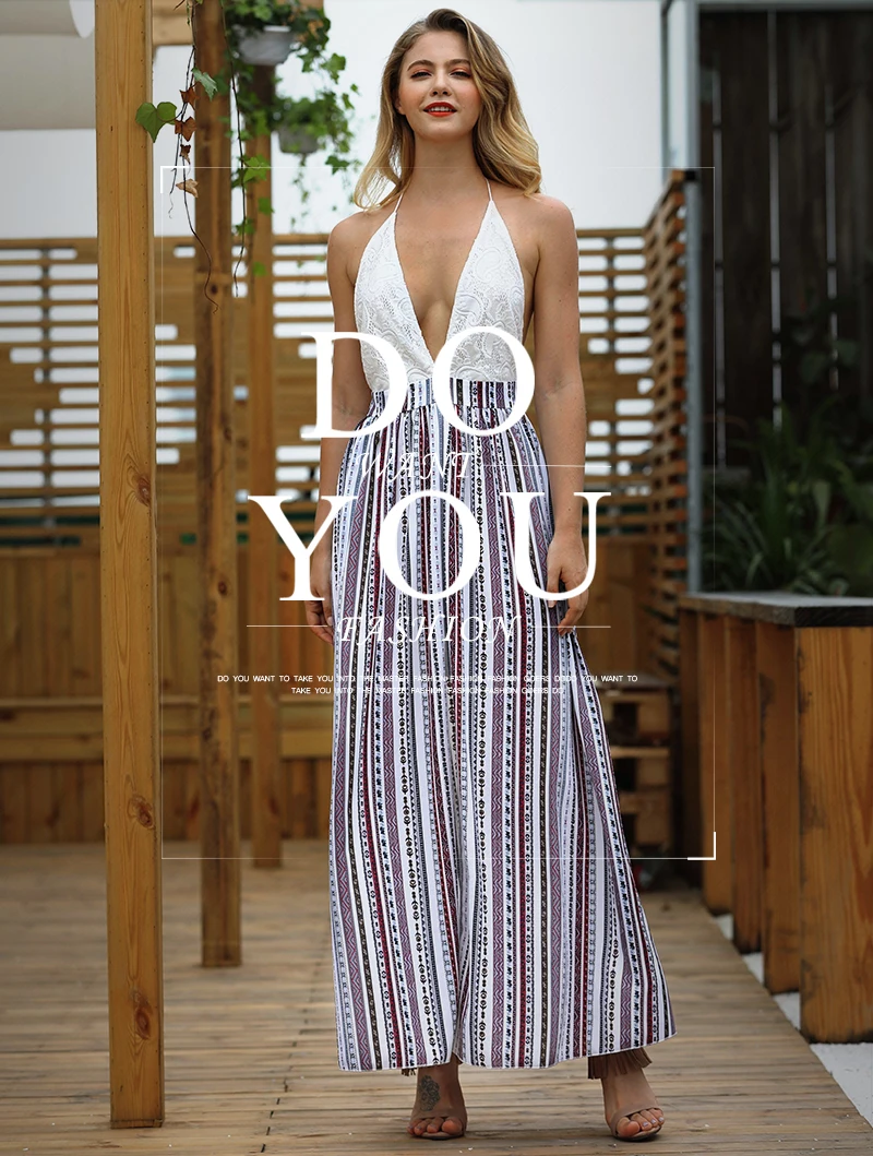Striped Maxi Dress Summer Women Beach Sexy Backless Halter Boho Sundress White Lace Vestidos V Neck Split Long Dresses 2018 Red