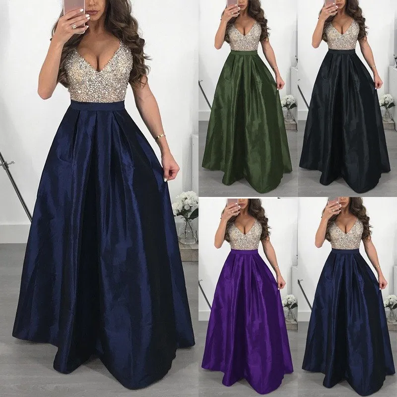 

Sexy V-neck Sleeveless Women Party Dress Vintage Patchwork Floor-Length Dress 2019 New Plus Size Maxi Dresses