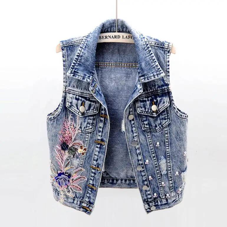 

Beading flowers Sleeveless Jacket Women Denim Vest Coat Spring Summer Single-breasted Short Waistcoat Women Jean Vest r1384