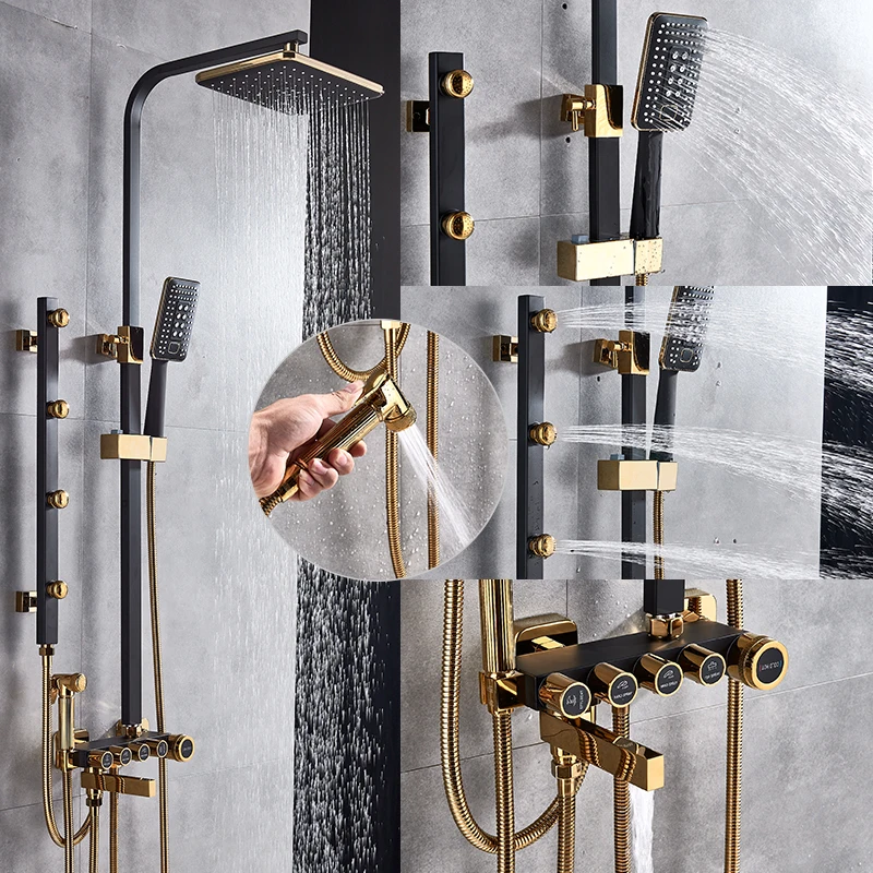 quyanre wanfan gappo matte black chrome shower faucet set with 4 spa jets rainfall shower head handshower with bidet swivel tub spout button control bath shower set1