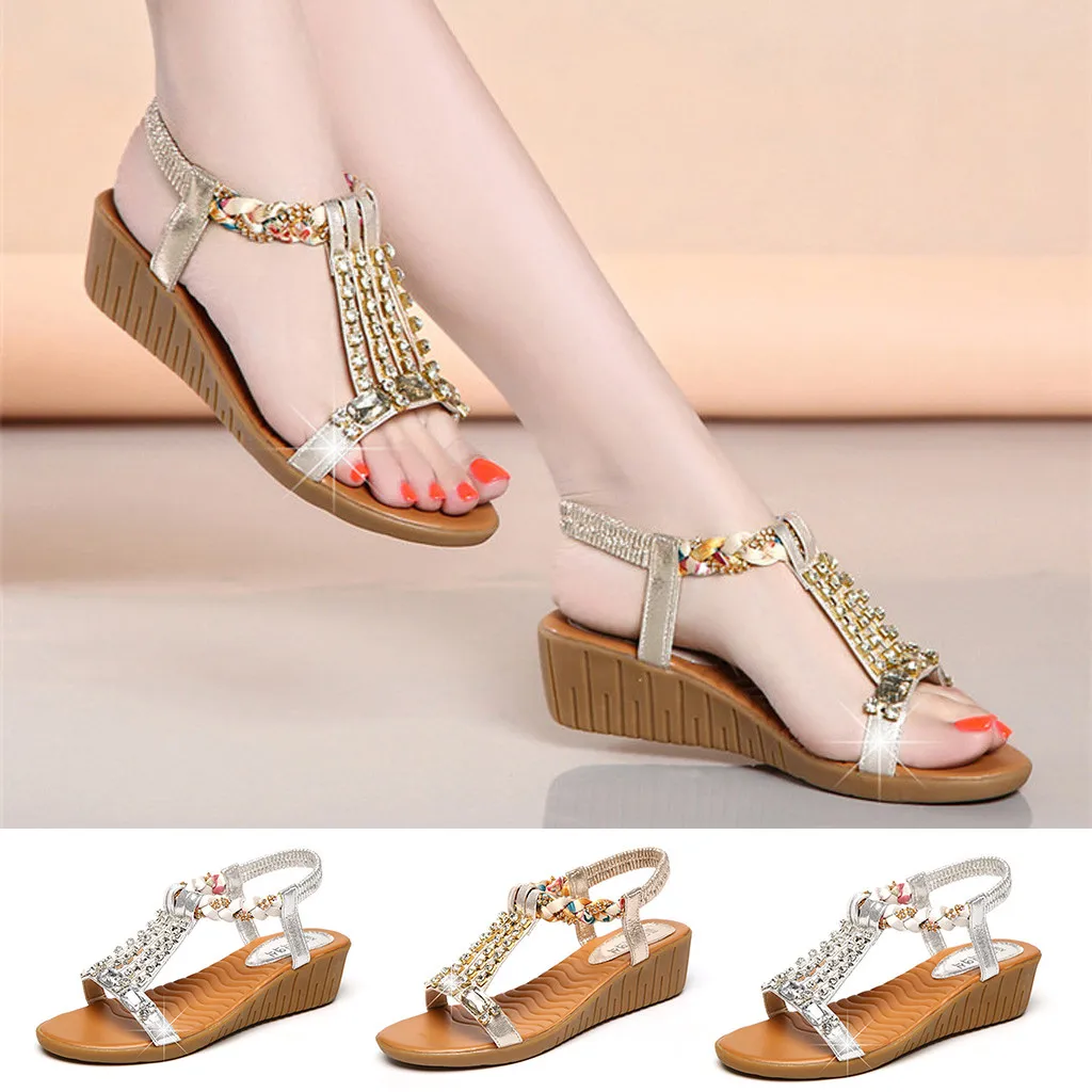 

2019 Hot Sale womens wedges Ladies Summer Crystal Bling Wedges Bohemia Beach Shoes Roman Sandals chaussures femme ete #DA