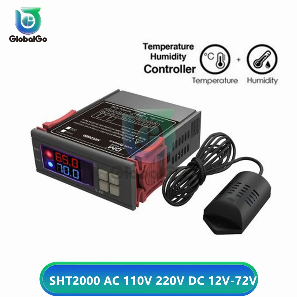 

SHT2000 Dual Led Digital Temperature Humidity Controller Switch AC110-220V DC12-72V Thermostat Thermometer Hygrometer Regulator