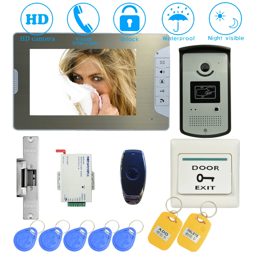 

(1 set) 7 Inch Video Door Phone Door Bell Intercom Color Monitor Access Control Exit button Remote Unlock RFID key fob