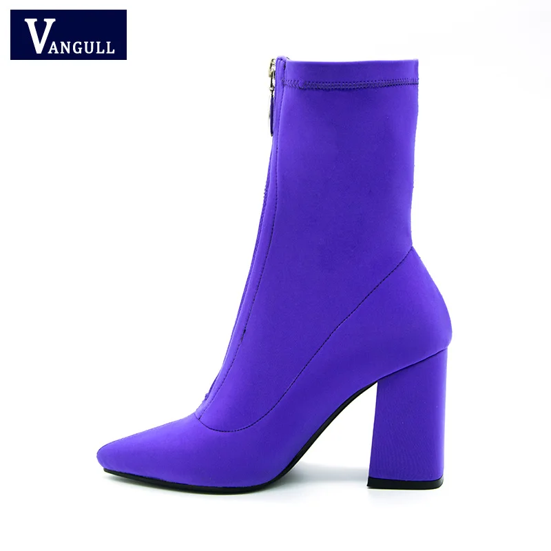 

Vangull Autumn New Female Sexy Square heel Sock Booties Stretch Fabric Pointed Toe High Heels Lycra Ankle Boots Women Pumps
