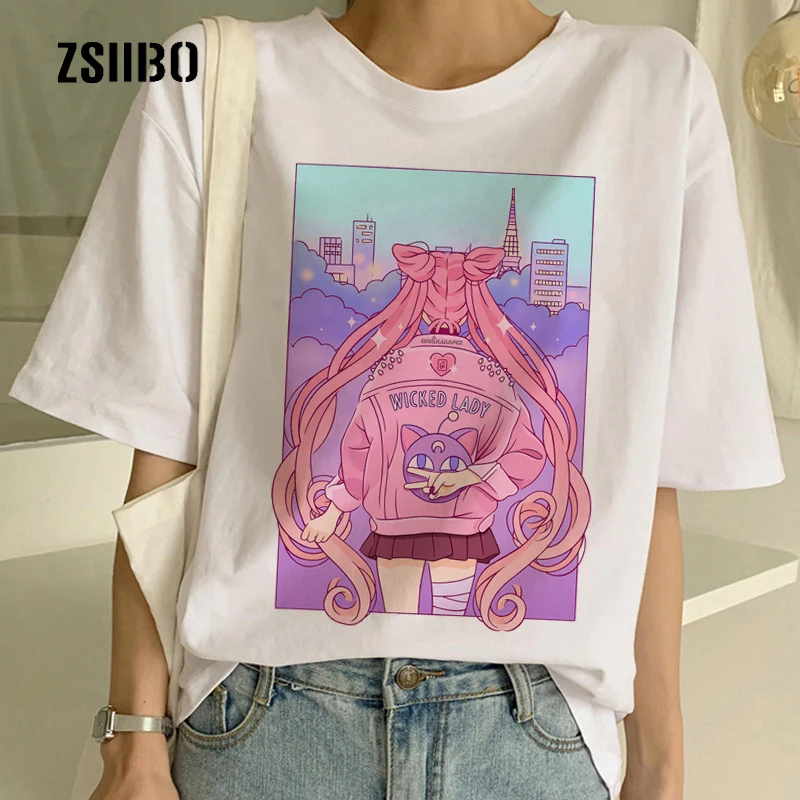 

Sailor Moon Print Summer Women Short Sleeve Cartoon Large Size Loose Harajuku Japanese tees Fashion Casual Funny T-shirt tops