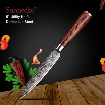 

SUNNECKO 5 inch Utility Knife Kitchen Knives Japanese Damascus VG10 Steel Pakka Wood Handle Chef Cutting Knife Sharp Blade 60HRC