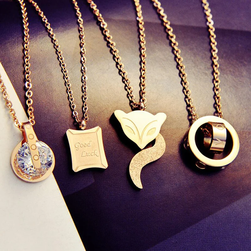 

Korea simple titanium steel necklace does not fade color diamond rose gold clavicle short pendant free shipping