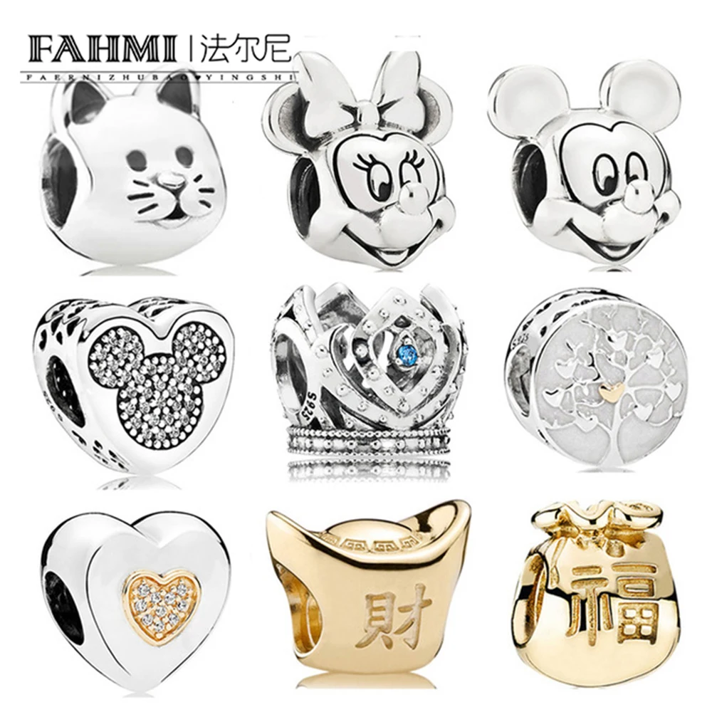 

FAHMI 100% 925 sterling silver Tree of Life Crown Charm Gold Gold Lucky Bag Heart Shaped Beaded DIY Bracelet
