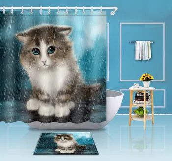 

Cute Cat Rainy Day Shower Curtain with Mat Set Animal Natural Scenery Bathroom Waterproof Polyester Fabric For Bathtub Decor