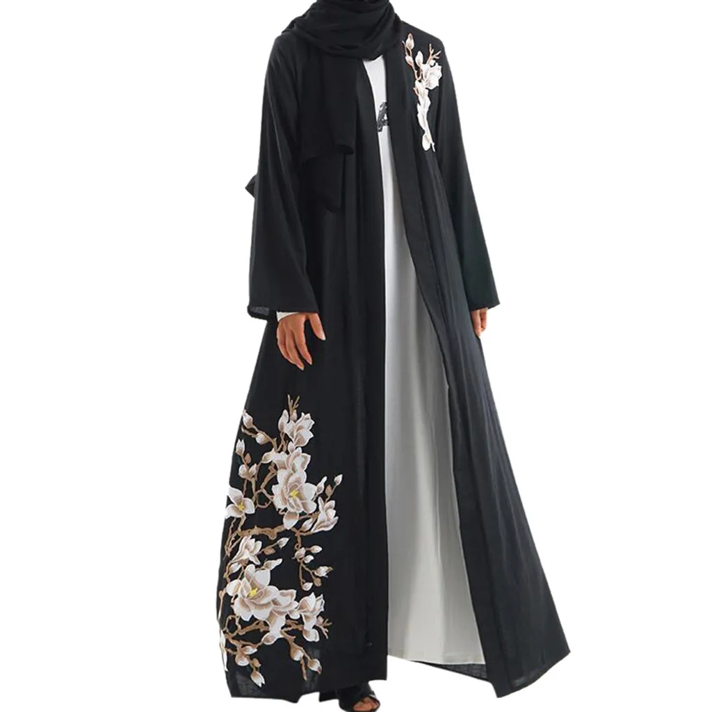 

3 styles Beautiful Muslim Womens Abaya Dress Floral Necklace O-Neck with belt abaya for women Summer Long Loose Dresses F300315