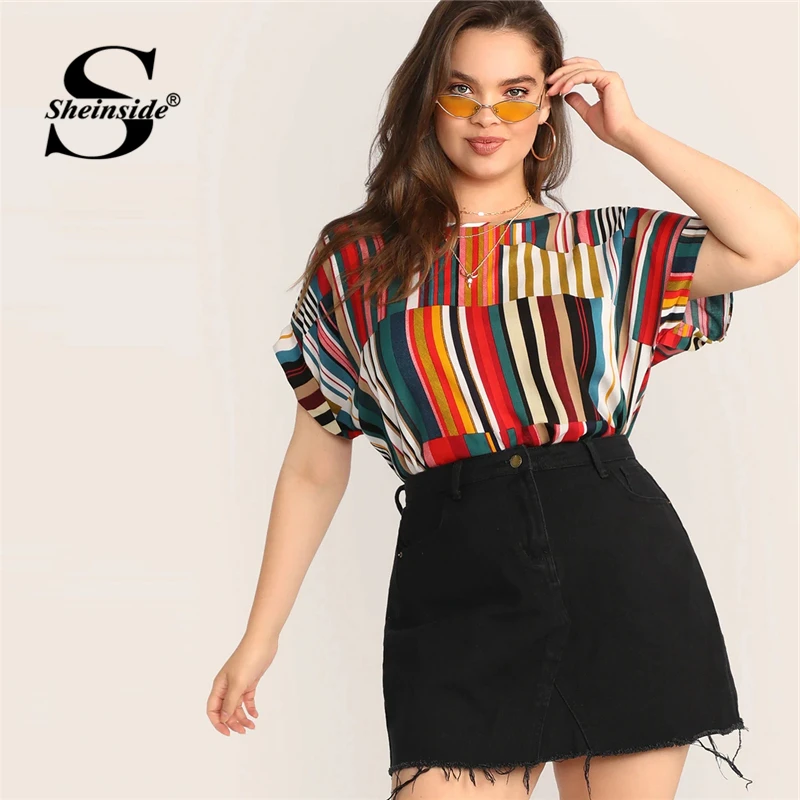 

Sheinside Plus Size Stripe Print Minimalist Blouse Women 2019 Summer Short Sleeve Blouses Ladies Casual Colorblock Top