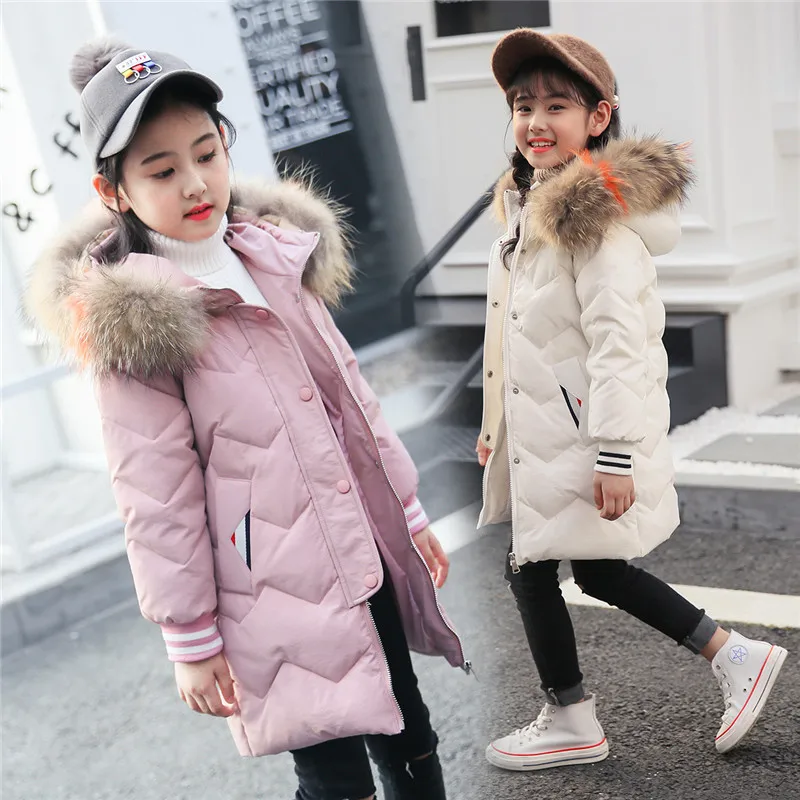 

Winter Coat for Girls Clothing 2018 New Hooded Fur Collar Long Style Children Outerwear For 6 8 10 12 Years Kids Down Jacket