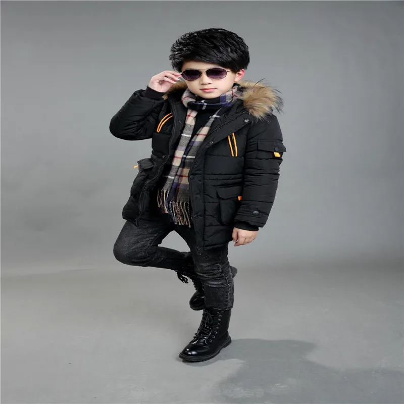 Зимняя куртка-парка для маленьких мальчиков пуховая куртка для детей от 5 до 14 лет Детское пуховое пальто с капюшоном в стиле пэчворк на зиму и осень зимняя куртка теплая детская одежда - Цвет: Black