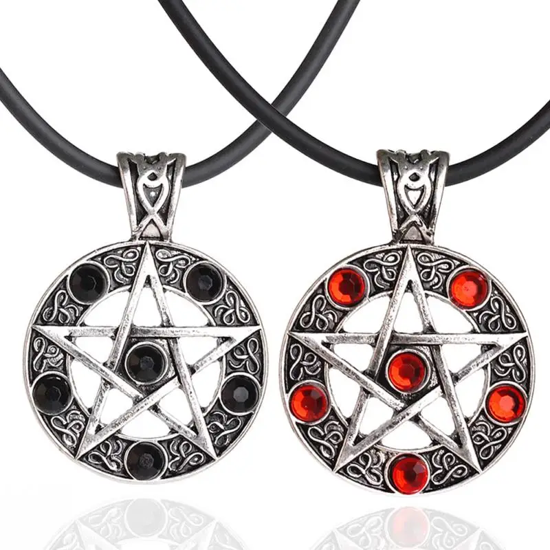 Retro Men Pentagram Pentacle Star Round Crystal Pendant Leather Cord Necklace Charm Jewelry