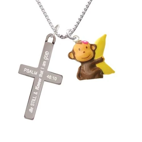 Resin Monkey Hugging a Banana - Be Still and Know - Cross Necklace (1)