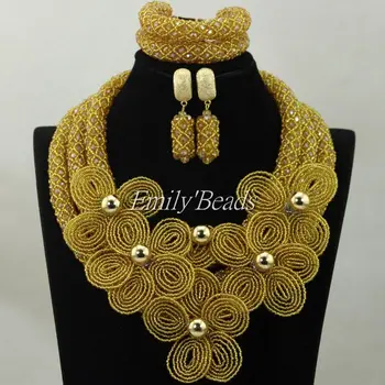 

Luxury Champagne Gold African Beaded Jewelry Set Nigerian Wedding Crystal Beads Necklace Set Fashion Free Shpping ALJ357