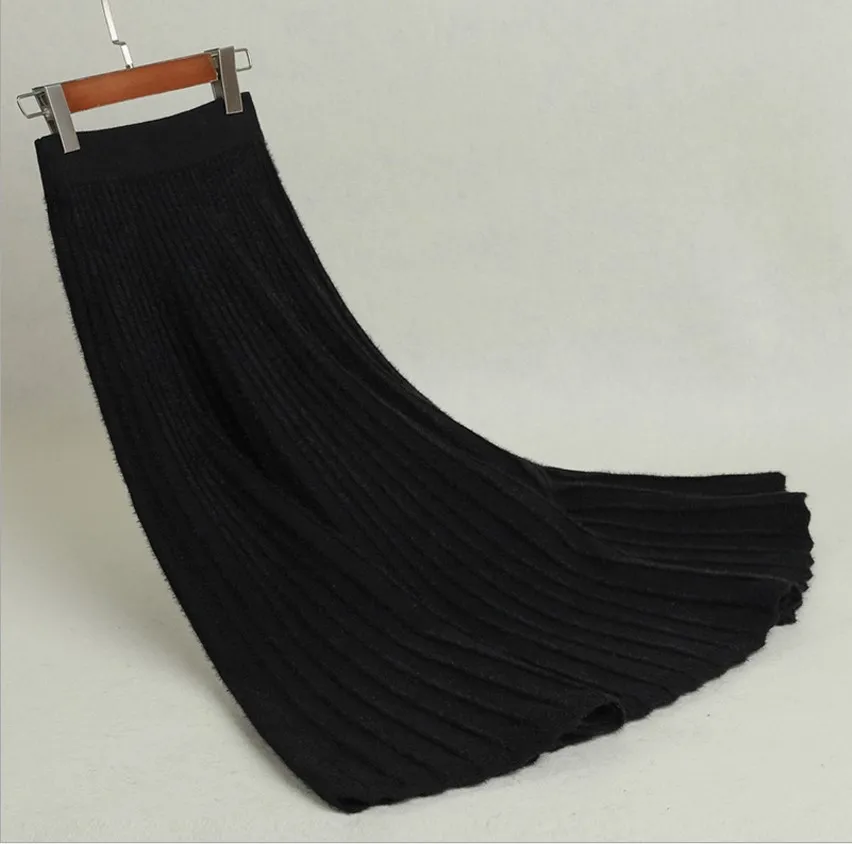 Винтажная Гибкая эластичная юбка миди с высокой талией, плиссированная, теплая трикотажная юбка для женщин, черные, серые женские юбки saia saias falda