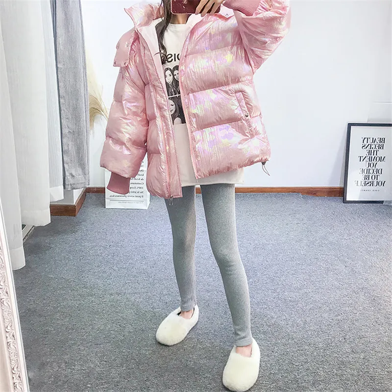 Luminous Low Thick Mint Korean Pink Frauen Winter Parkas 2018 Bubble Gepolsterte Loose Holographic PinkWeiMint Weiche Hoodie Baumwollmantel Nm8wn0