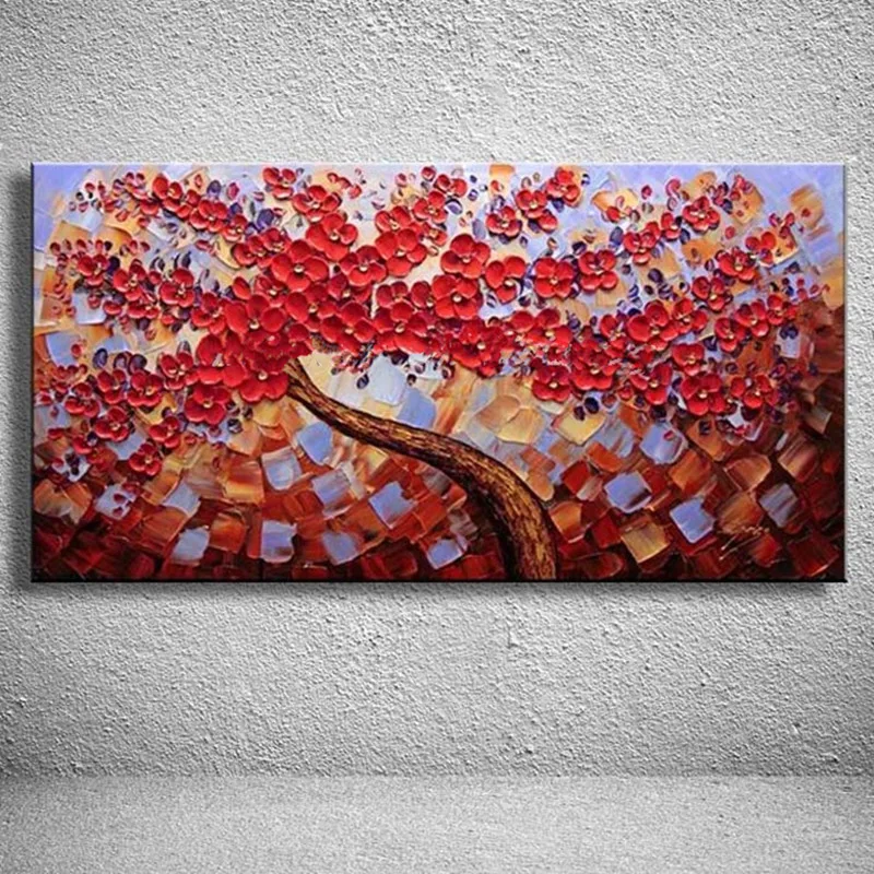 

Large Canvas Paining Hand Painted Abstract Flower Oil Paintings Home Decor Wall Arts Handmade Knife Red Blossom Floral Pictures