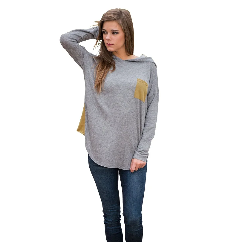 New 2016 Pullovers Fashion Women Contrast Color Hooded Knit Brief Sweaters Pocket Casual Gray Plus Size S-XL | Женская одежда