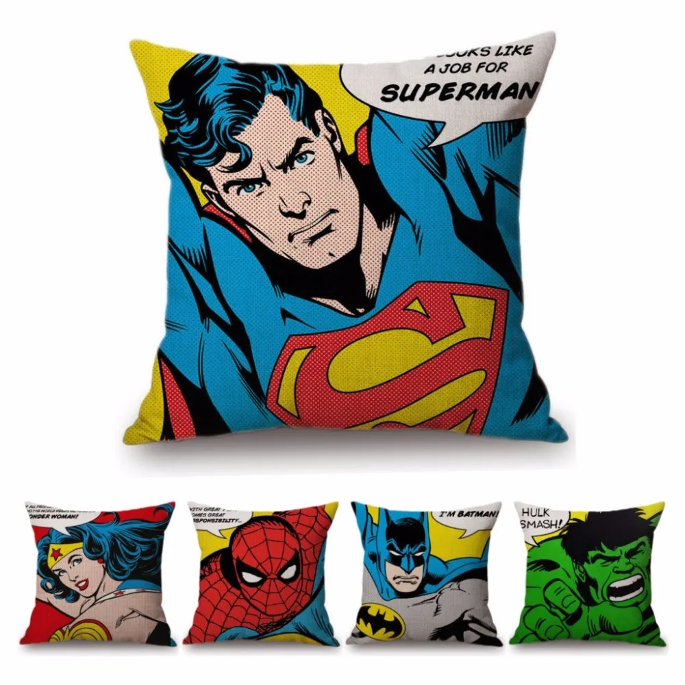 

18" POP Art Super Heroes Hulk Spiderman Superman Batman Comic Home Decorative Sofa Throw Pillow Case Cotton Linen Cushion Cover