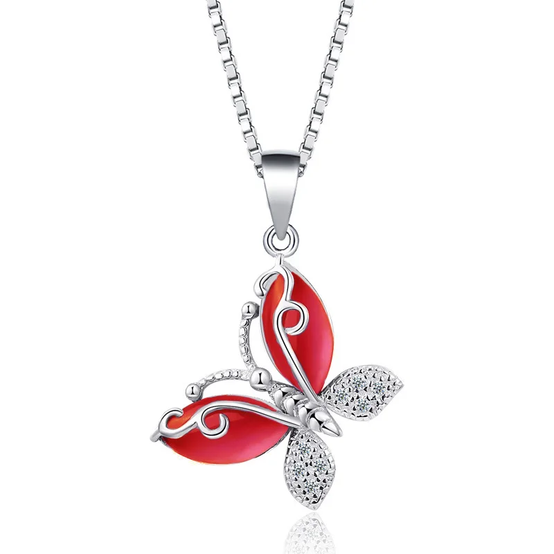 Butterfly Jewellry 925 Sterling Silver Crystals Butterfly Pendant Necklace for Women Engagement Fine Jewelry Choker - Цвет камня: red