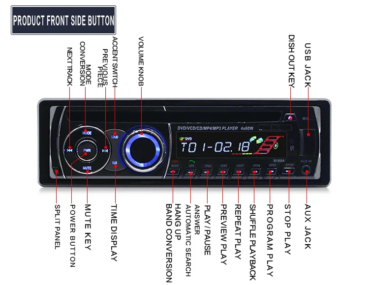 Vinerone Оригинальное автомобильное радио CD-плеер 4x60 Вт DVD MP3 плеер Bluetooth FM AUX SD USB 1 Din Авто Радио авторадио 1din Car Audio