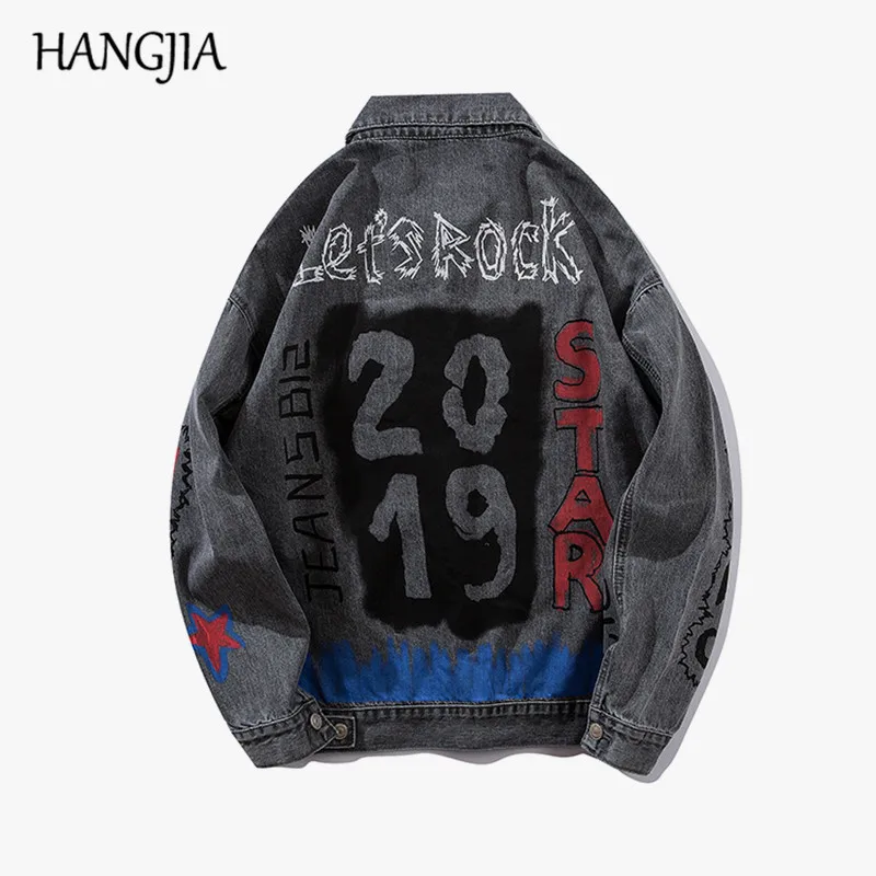 Hip-hop Denim Jacket Men Streetwear Men's Vintage Hole Jackets 2019 Graffiti Print Loose Jeans Jacket Men Spring Autumn