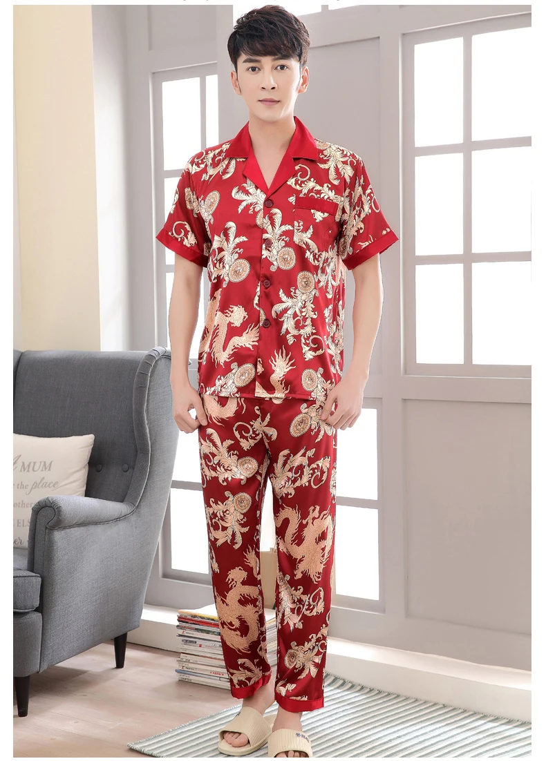 Винтаж серый китайский Для мужчин Satin Pajama Set Плюс Размеры XXXL Пижамный костюм футболка с коротким рукавом и Брюки для девочек Мотобрюки сна