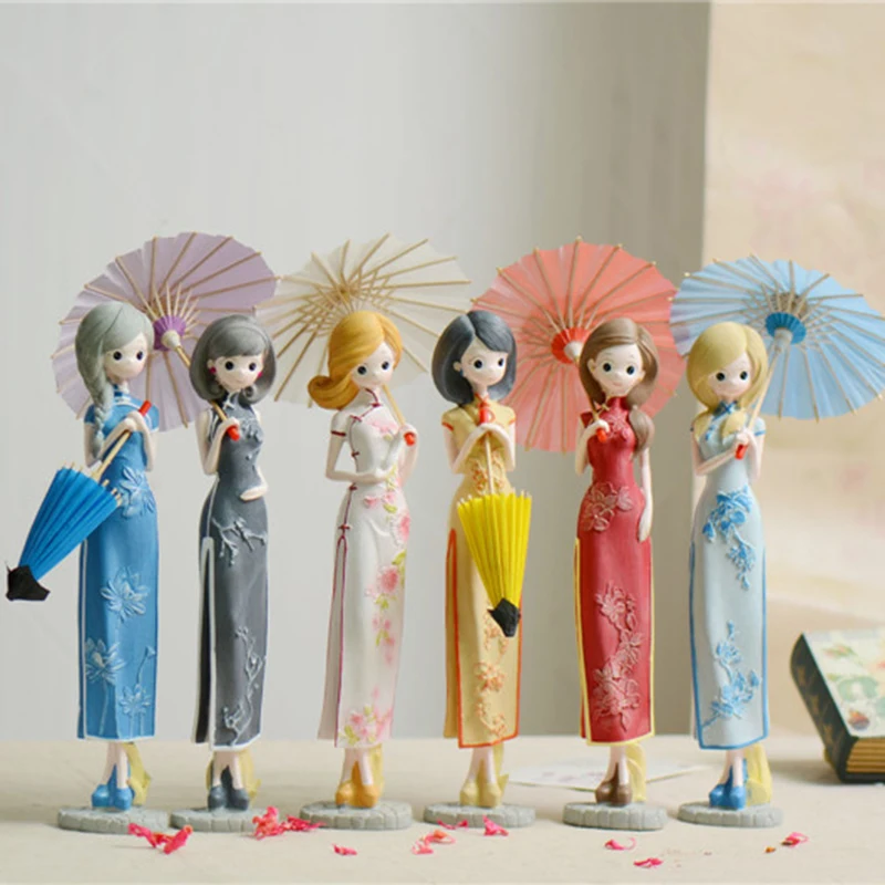 

Chinese Style Cheongsam Umbrella Resin Dolls Birthday Christmas Friends Gift Living Room Decoration Desktop Decoration Crafts