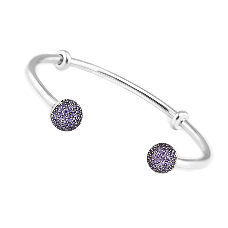 

Open Bangles 100% 925 Sterling Silver Purple CZ Bangle Bracelets for Women Gift Fit Charm Beads DIY free shipping PFB046A
