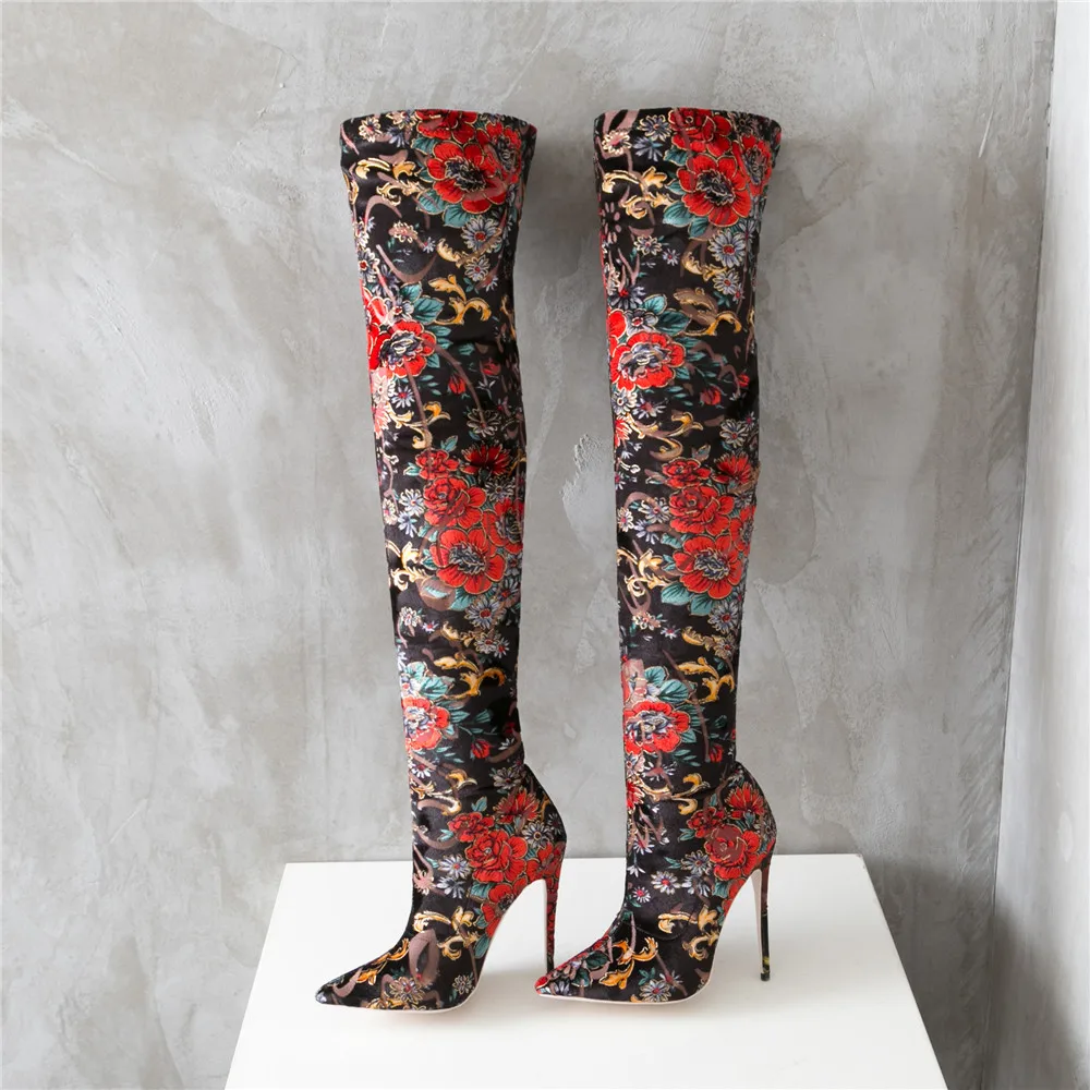 Mcacchi/женские ботфорты выше колена; сезон осень-зима; женская обувь для вечеринок на высоком каблуке с цветочным принтом; женские эластичные высокие сапоги до бедра