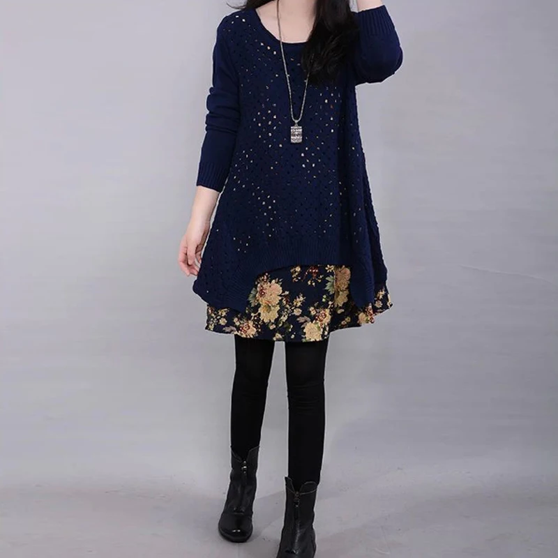 Autumn Winter Women's Long sleeve Knitted Floral Dress Loose Casual Party Dress
