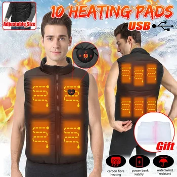 

10 Heating Pads Electric Heated Vest Men LED Display Waterproof 3 Modes Winter Waistcoat USB Thermal Warm Fast Heat Jacket Gift