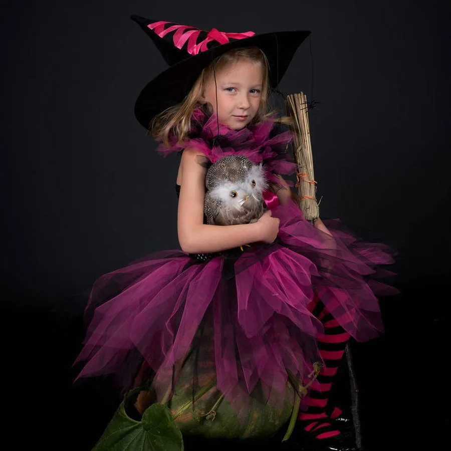 Halloween Girl Witch Hot Pink Black Cosplay Tutu Dress Knee Length Evening Party Dress Kids Holidays Tutus Purim Dress (4)