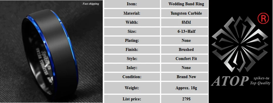 8 мм кольцо из карбида вольфрама черная матовая синяя полоса мужское ювелирное обручальное кольцо