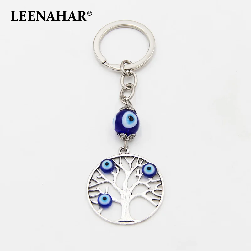

LEENAHAR 1PC Tree Of Life Keychain Glass Greek Evil Eye beads Key ring Silver Plated Kabbalah Lucky Tree Key chain for Success