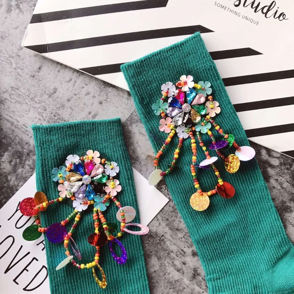 Женские хлопковые носки ручной работы, расшитые бисером, Осень-зима, цена, 9 цветов