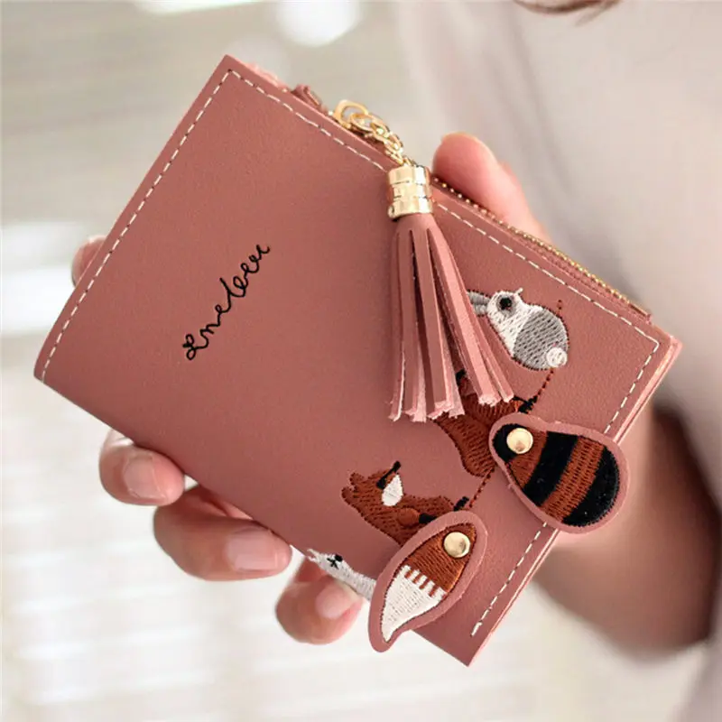 Women Fox Cat Short Wallet Tassel Coin Purse Card Holders Handbag women's wallet clutch portfel cuzdan billetera carteira 40MA1924