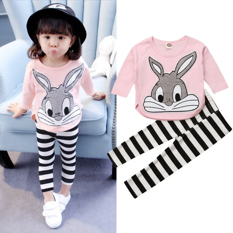 Новинка года; сезон осень; Милые комплекты одежды для маленьких девочек пуловер с длинными рукавами и рисунком кролика розовый топ+ штаны в полоску