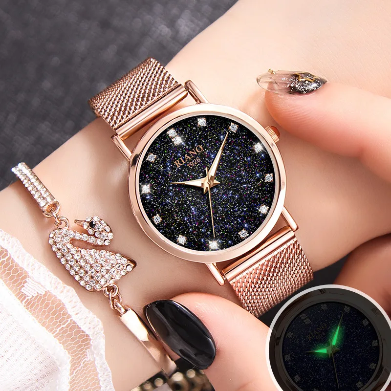 

Luxury Rose Gold Women Watches Fashion Ladies Blue Starry Sky Wristwatch Steel Mesh Jewelry Diamond Watch relogio feminino 2018