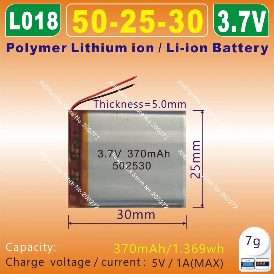 

5pcs [L018] 3.7V,370mAH,[502530] PLIB;polymer lithium ion / Li-ion battery for model toy,mp3,mp4,phone,speaker,smart watch,GPS