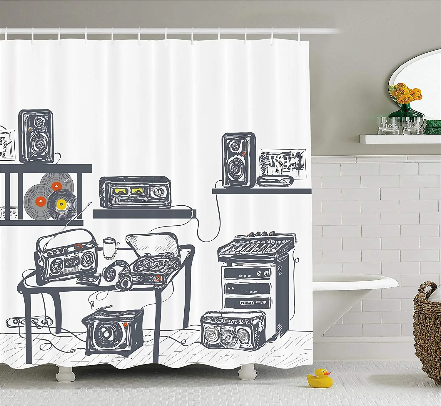 Modern Shower Curtain, Recording Studio with Music Devices Turntable