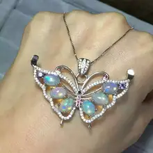 Природный камень опал кулон 925 серебро натуральный драгоценный камень кулон ожерелье модный милый бабочка муха женские ювелирные изделия