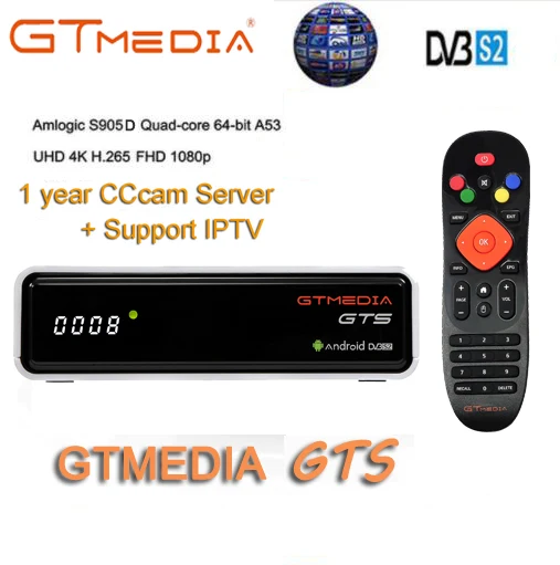 

GTmedia GTS Android 6.0 4K TV BOX Combo HD DVB-S2 Satellite Receiver built-in WIFI with 1 Year free cccam+1 year IPTV TV Box
