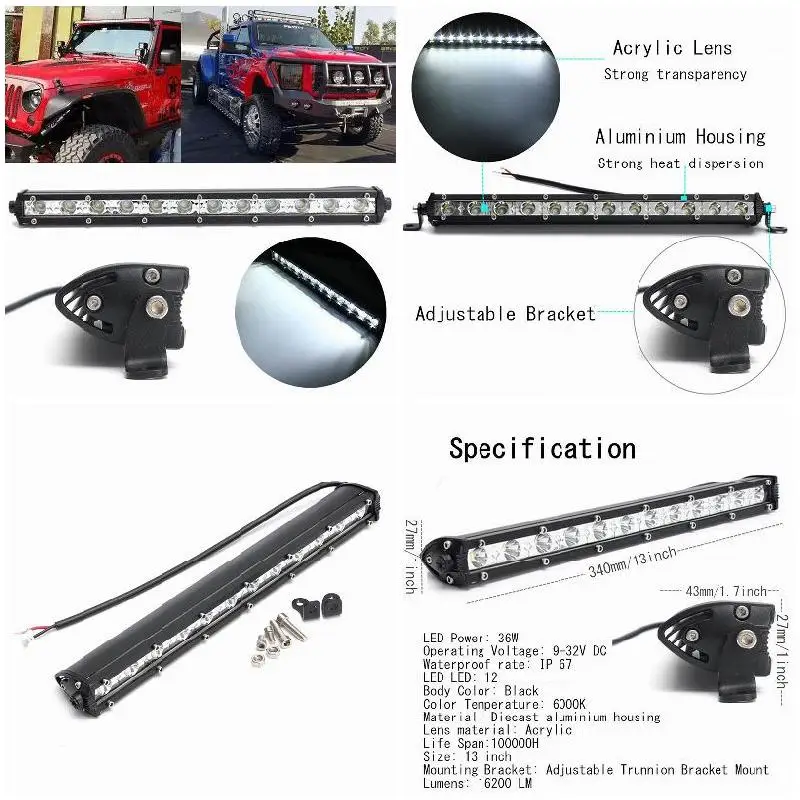 

Extreme Slim Off Road Light Bar 13 Inch 36W LED Chip 3500LM Flood Beam Work Light Bar Driving Lamp NR-shipping